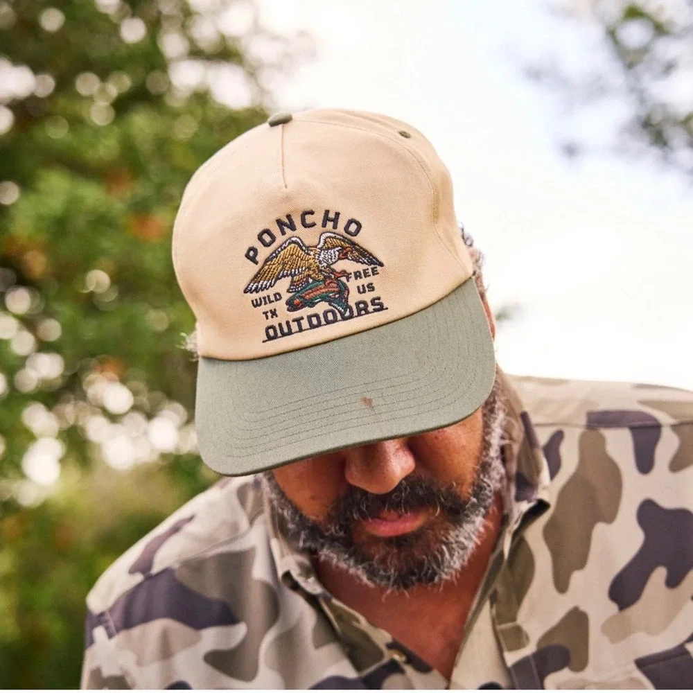 Poncho Outdoors Eagle & Trout Embroidered Tan Green‎ Baseball Cap Hat Adjustable